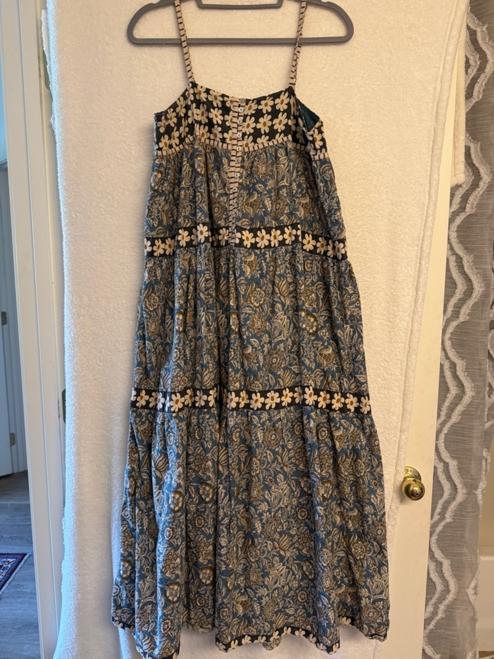 NATURAL LIFE Blue and Brown Floral Tiered Maxi Skirt with Cream Daisy Trim
